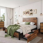 Struttura letto con cassetti contenitore - Piattaforma in metallo resistente con testiera in legno, non è necessaria la rete, facile da montare, marrone vintage