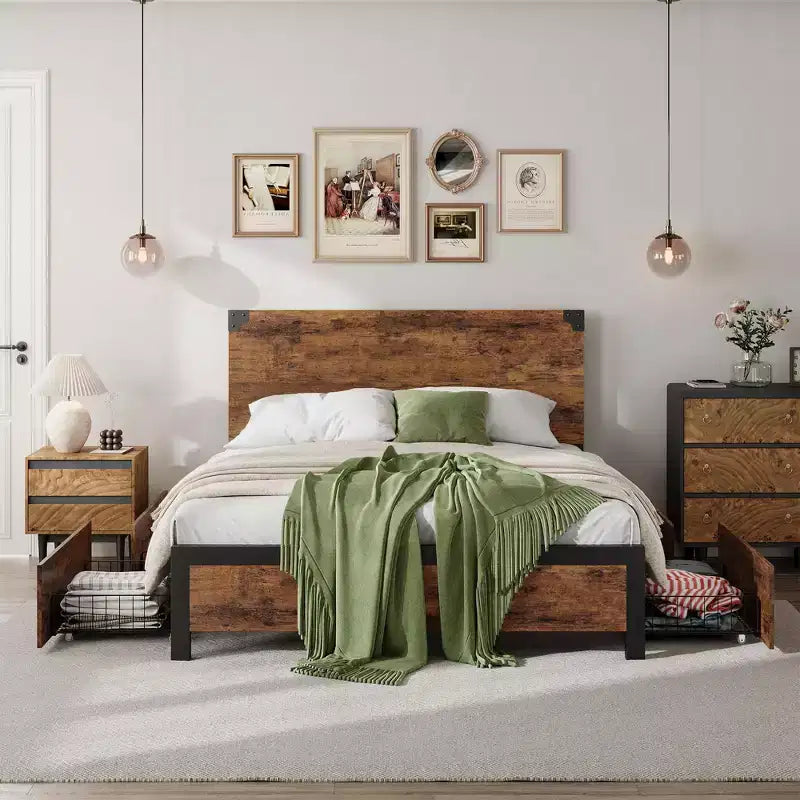 Struttura letto con cassetti contenitore - Piattaforma in metallo resistente con testiera in legno, non è necessaria la rete, facile da montare, marrone vintage