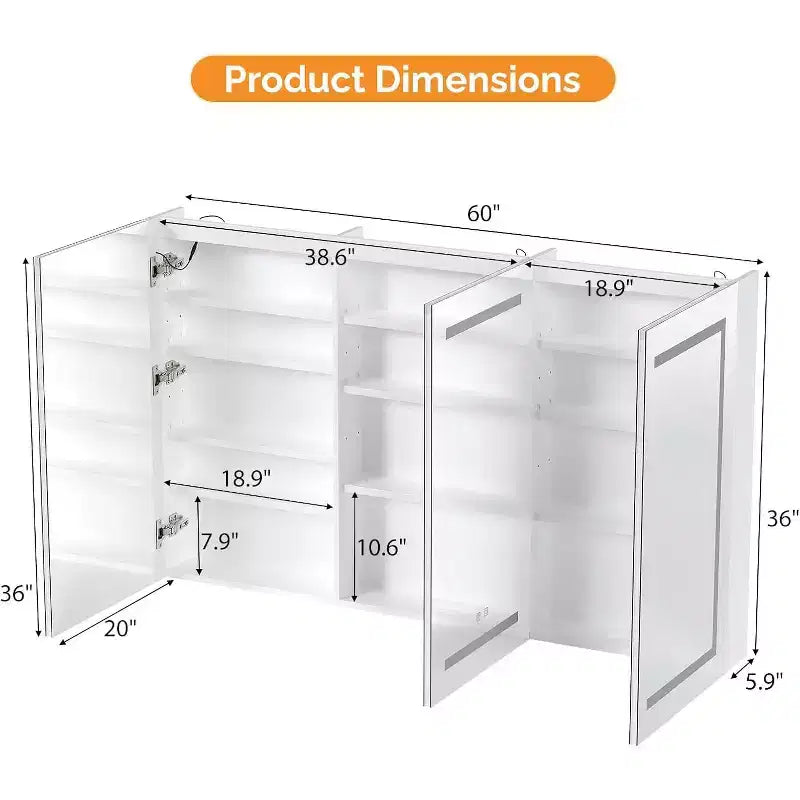 Mobiletto da bagno con specchio illuminato extra large 60 x 36 pollici, grande mobiletto da bagno a 3 ante a parete con luci