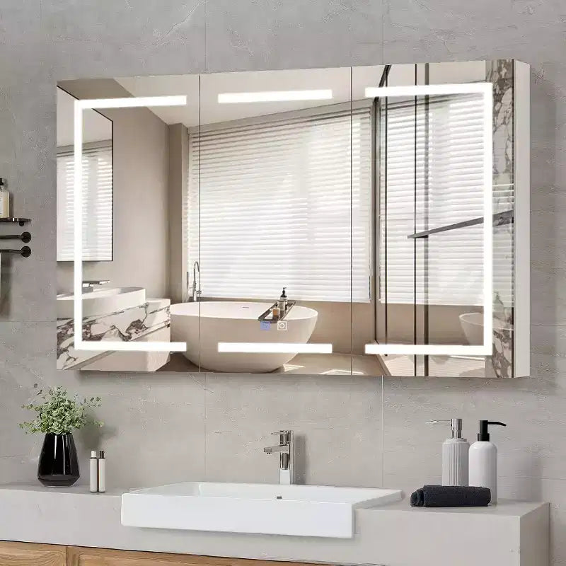 Mobiletto da bagno con specchio illuminato extra large 60 x 36 pollici, grande mobiletto da bagno a 3 ante a parete con luci