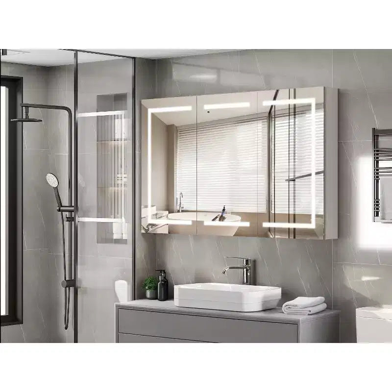 Mobiletto da bagno con specchio illuminato extra large 60 x 36 pollici, grande mobiletto da bagno a 3 ante a parete con luci