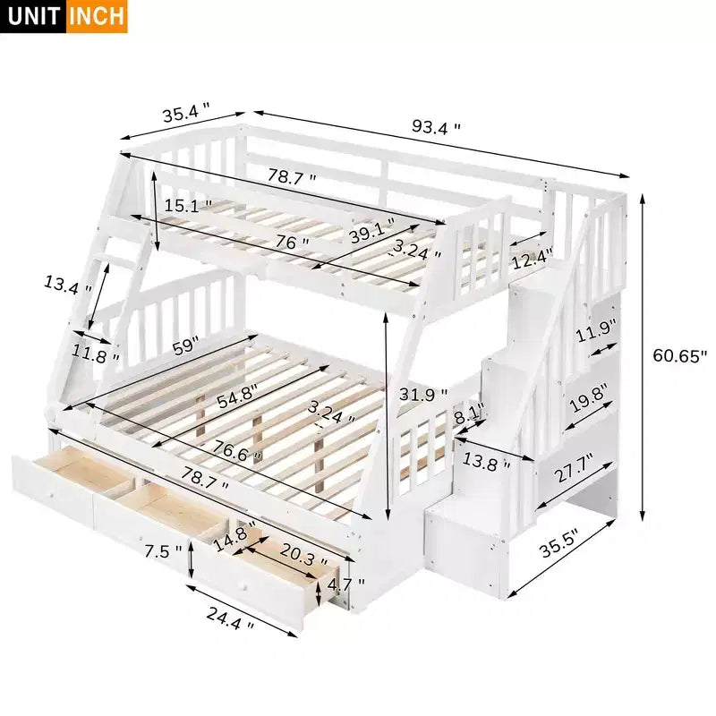 Letto a Castello "Twin-Over-Full" con Cassetti, Scaletta e Scala Contenitore, Espresso