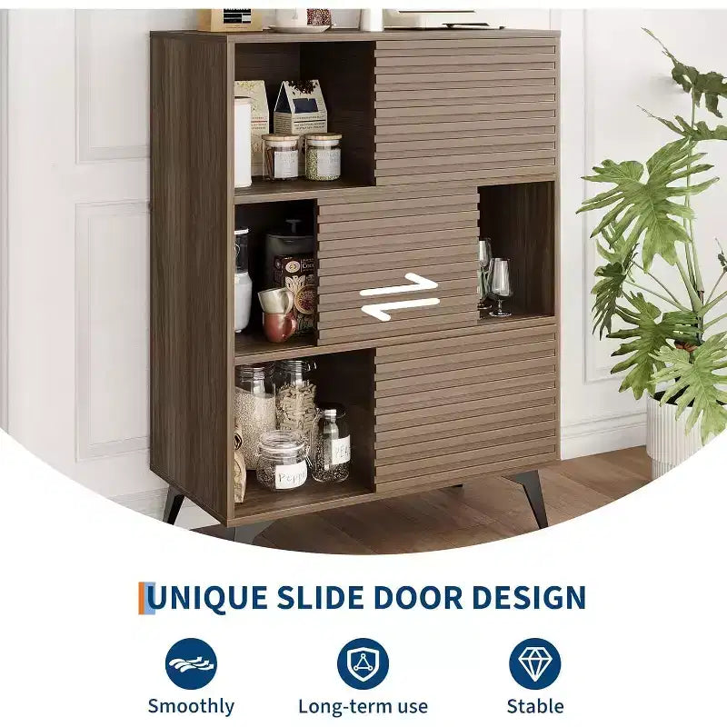 Mobile contenitore scanalato da 43" con ante scorrevoli - Organizzatore a 3 ripiani regolabili per soggiorno e cucina