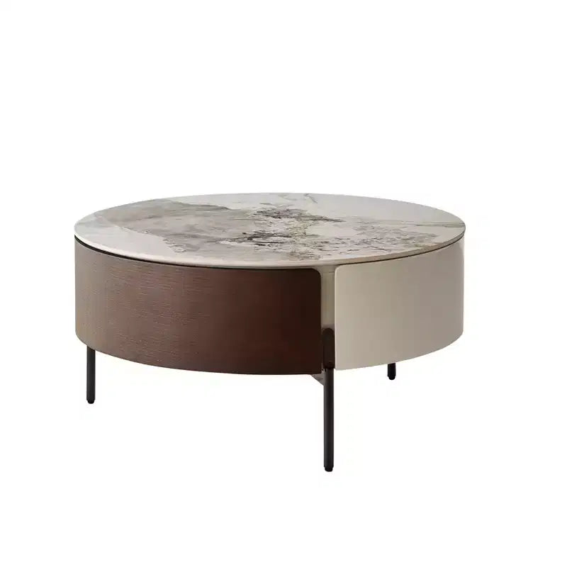 Tavolino da salotto rotondo Eugene Modern 31.5 in legno e ceramica con cassetti e gambe in metallo