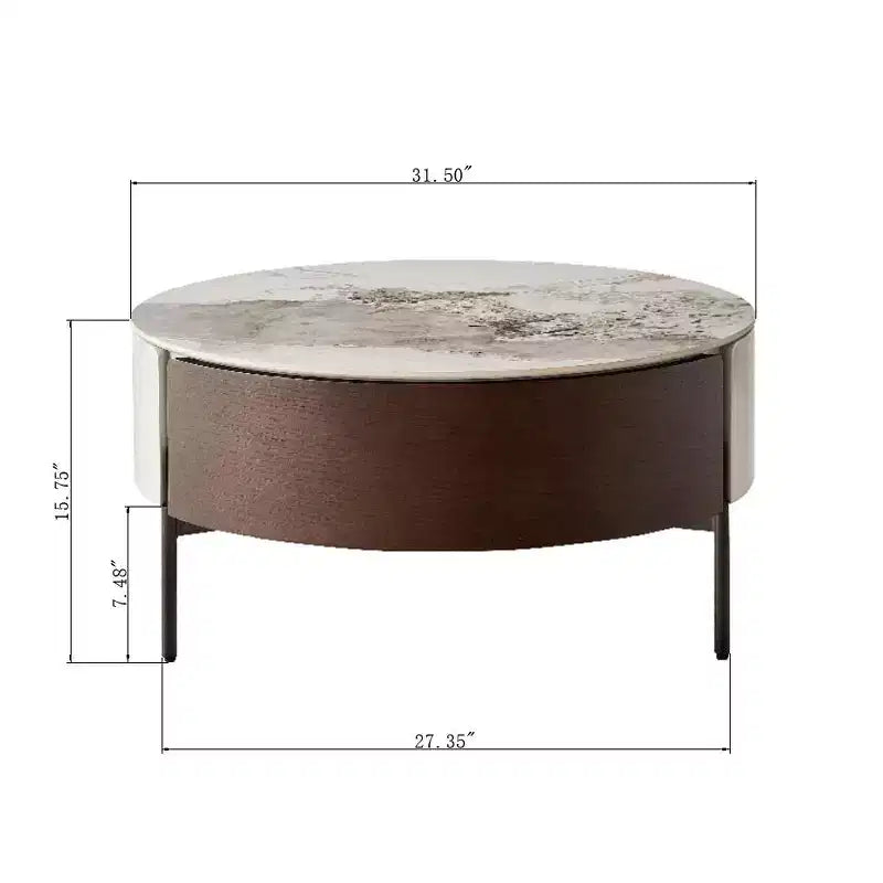 Tavolino da salotto rotondo Eugene Modern 31.5 in legno e ceramica con cassetti e gambe in metallo