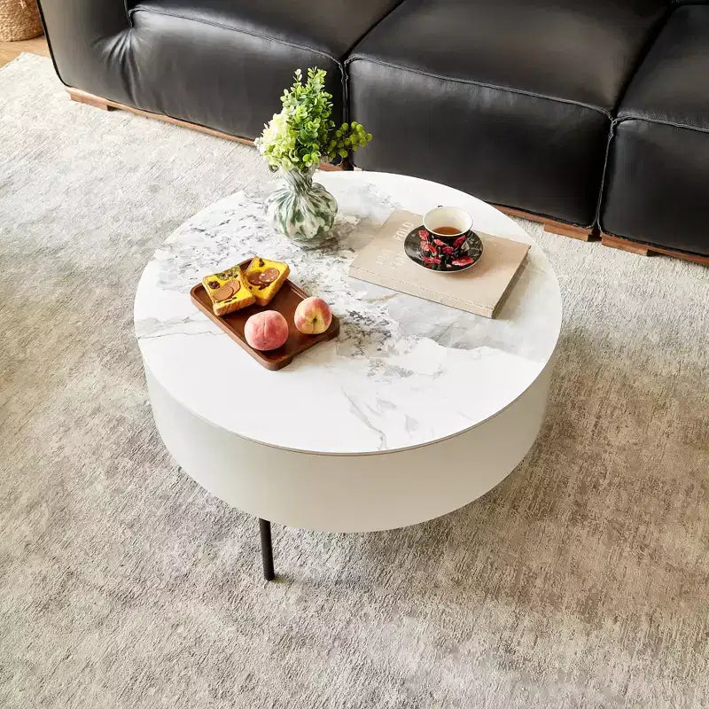 Tavolino da salotto rotondo Eugene Modern 31.5 in legno e ceramica con cassetti e gambe in metallo