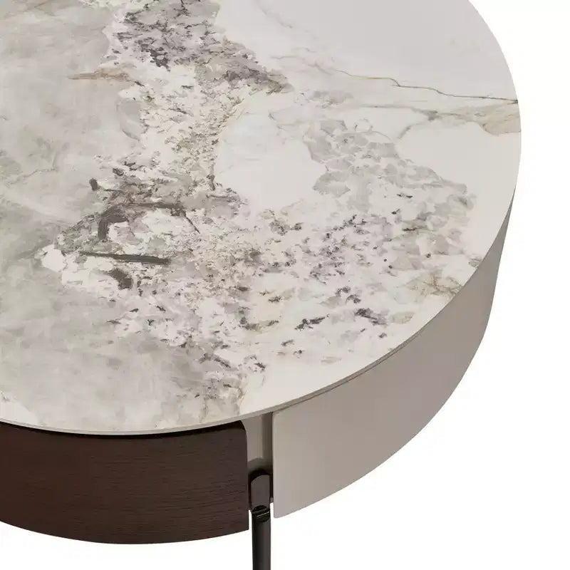 Tavolino da salotto rotondo Eugene Modern 31.5 in legno e ceramica con cassetti e gambe in metallo