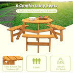 Tavolo da picnic rotondo per 6 persone con foro per ombrellone, set da pranzo in legno per esterni con 3 panche integrate, capacità 780 kg per giardino/patio