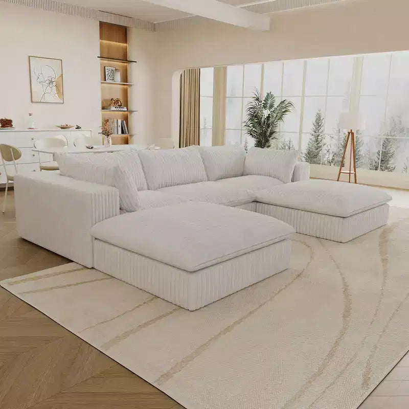 118.2 Divano Componibile a Nuvola in Tessuto di Velluto a Coste Blu Fai-da-te Divani con Seduta Profonda con 2 Pouf Design a Doppio Strato Cuscino Rimovibile Nessun Assemblaggio