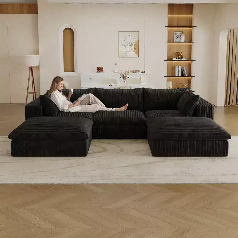 118.2 Divano Componibile a Nuvola in Tessuto di Velluto a Coste Blu Fai-da-te Divani con Seduta Profonda con 2 Pouf Design a Doppio Strato Cuscino Rimovibile Nessun Assemblaggio