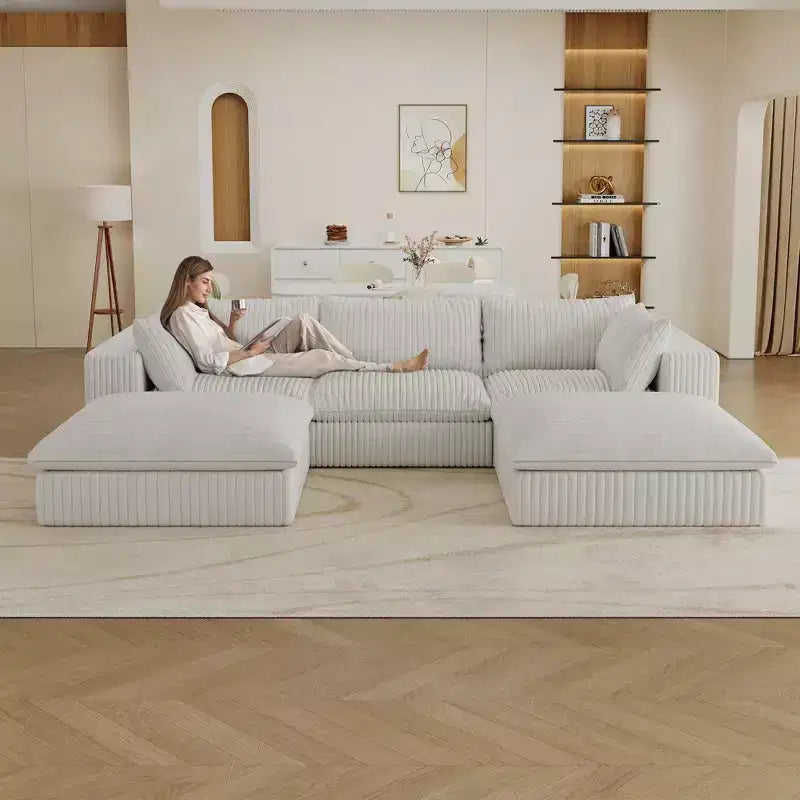 118.2 Divano Componibile a Nuvola in Tessuto di Velluto a Coste Blu Fai-da-te Divani con Seduta Profonda con 2 Pouf Design a Doppio Strato Cuscino Rimovibile Nessun Assemblaggio