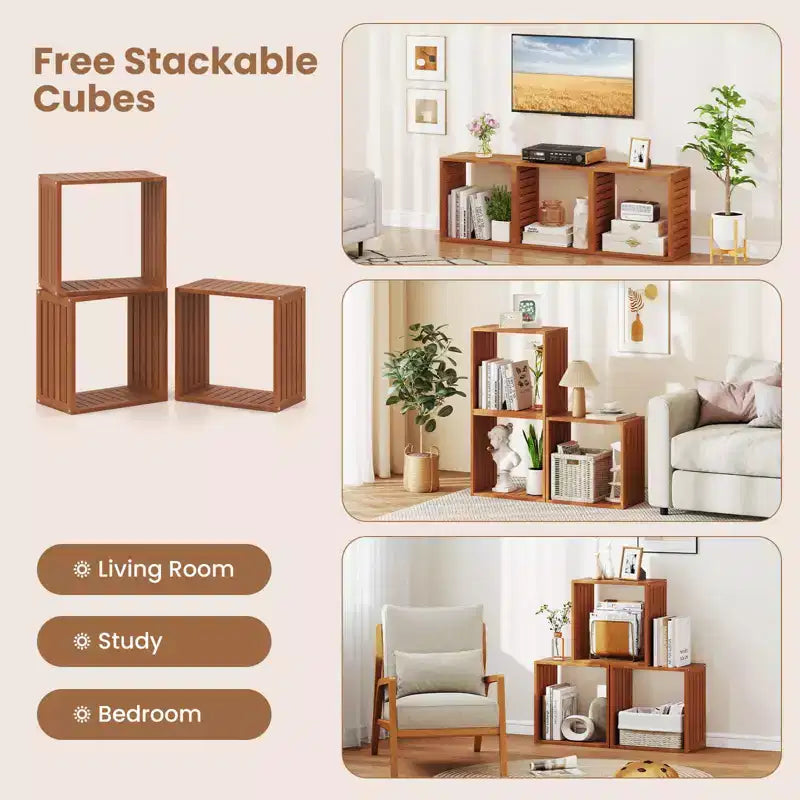 1/2 PZ Organizer a 3 Cubi, Scaffali Libreria Impilabili per Piccoli Spazi Teak