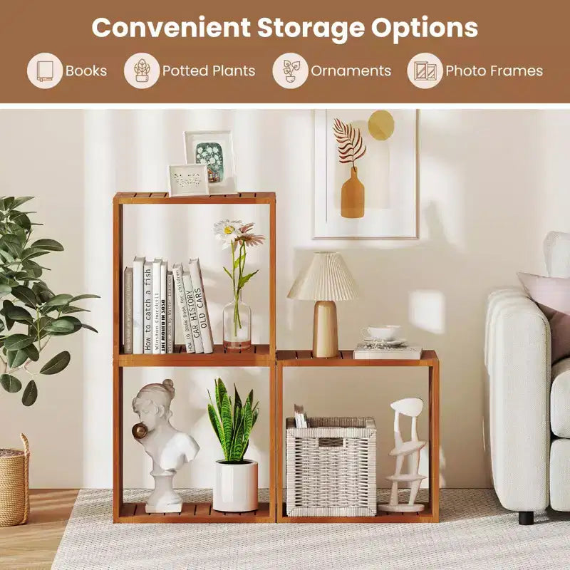 1/2 PZ Organizer a 3 Cubi, Scaffali Libreria Impilabili per Piccoli Spazi Teak
