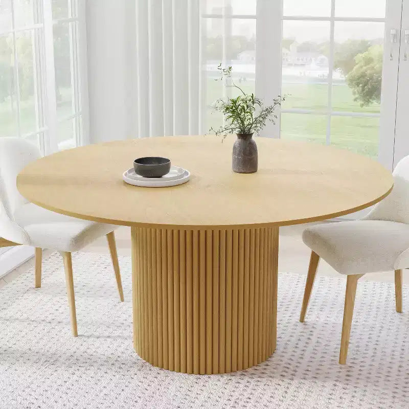 Tavolo da pranzo rotondo in legno massello da 60 pollici, tavolo da cucina per 6-8 persone con piano d'appoggio e gambe cilindriche concave per soggiorno/sala da pranzo, caffè, ufficio, naturale