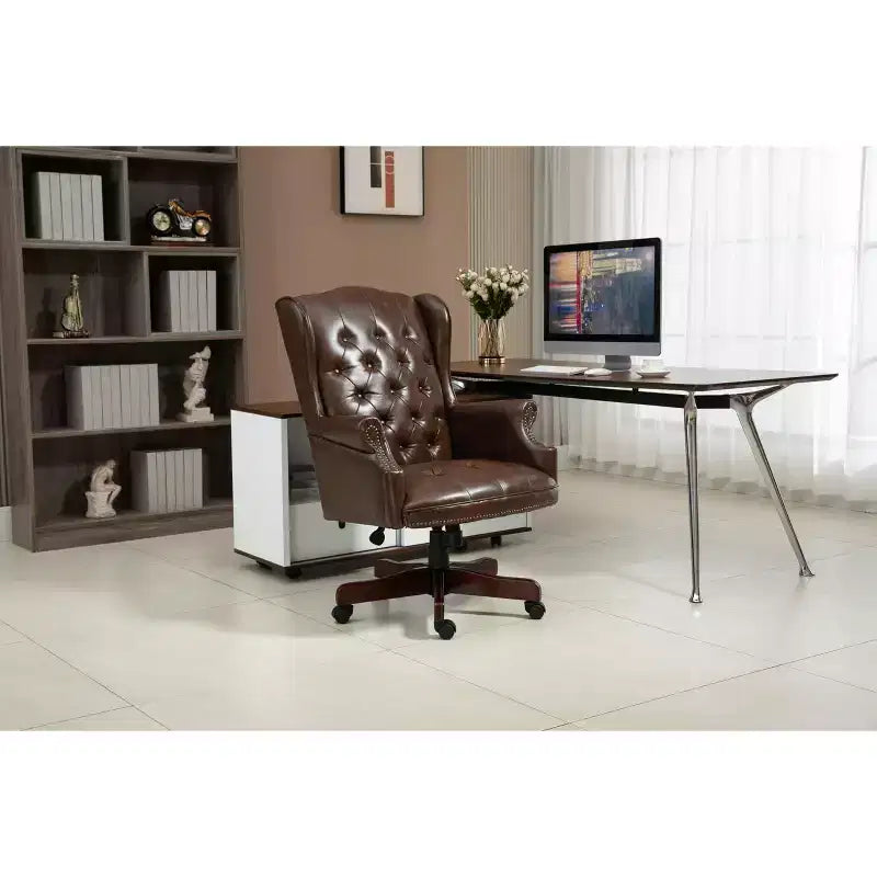 Sedia da ufficio direzionale con base color legno, sedia comoda con schienale e braccioli imbottiti, sedia Criss Cross per ufficio, studio