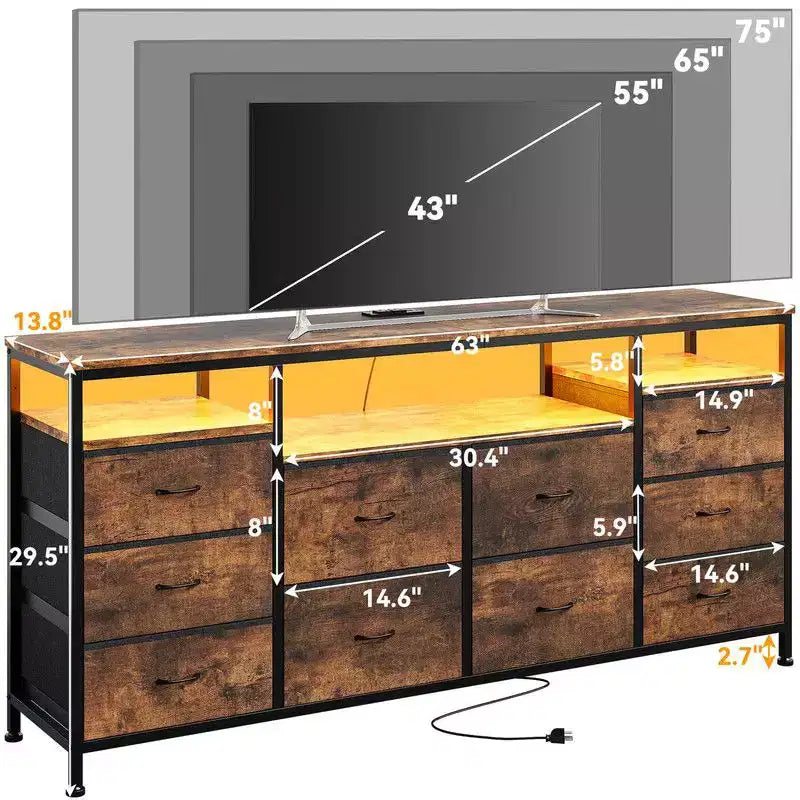 Cassettiera 10 cassetti da 160 cm, porta TV per TV da 65 70 75 pollici, cassettiera in tessuto con luce LED e presa di corrente, lungo mobile TV