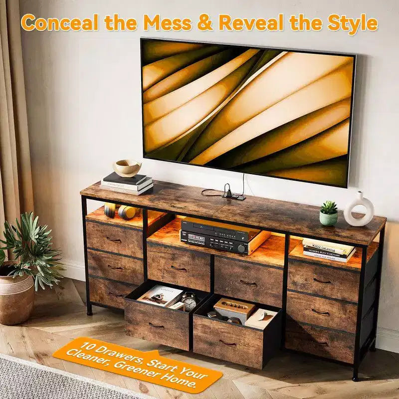 Cassettiera 10 cassetti da 160 cm, porta TV per TV da 65 70 75 pollici, cassettiera in tessuto con luce LED e presa di corrente, lungo mobile TV
