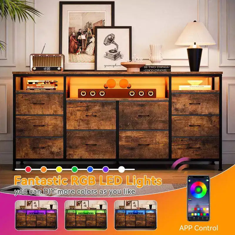 Cassettiera 10 cassetti da 160 cm, porta TV per TV da 65 70 75 pollici, cassettiera in tessuto con luce LED e presa di corrente, lungo mobile TV