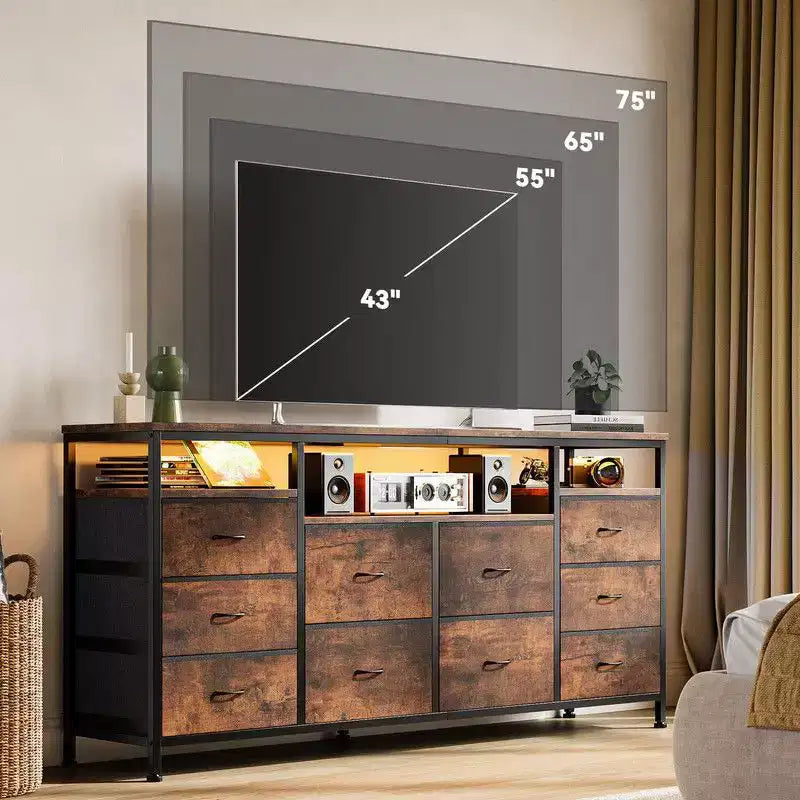 Cassettiera 10 cassetti da 160 cm, porta TV per TV da 65 70 75 pollici, cassettiera in tessuto con luce LED e presa di corrente, lungo mobile TV