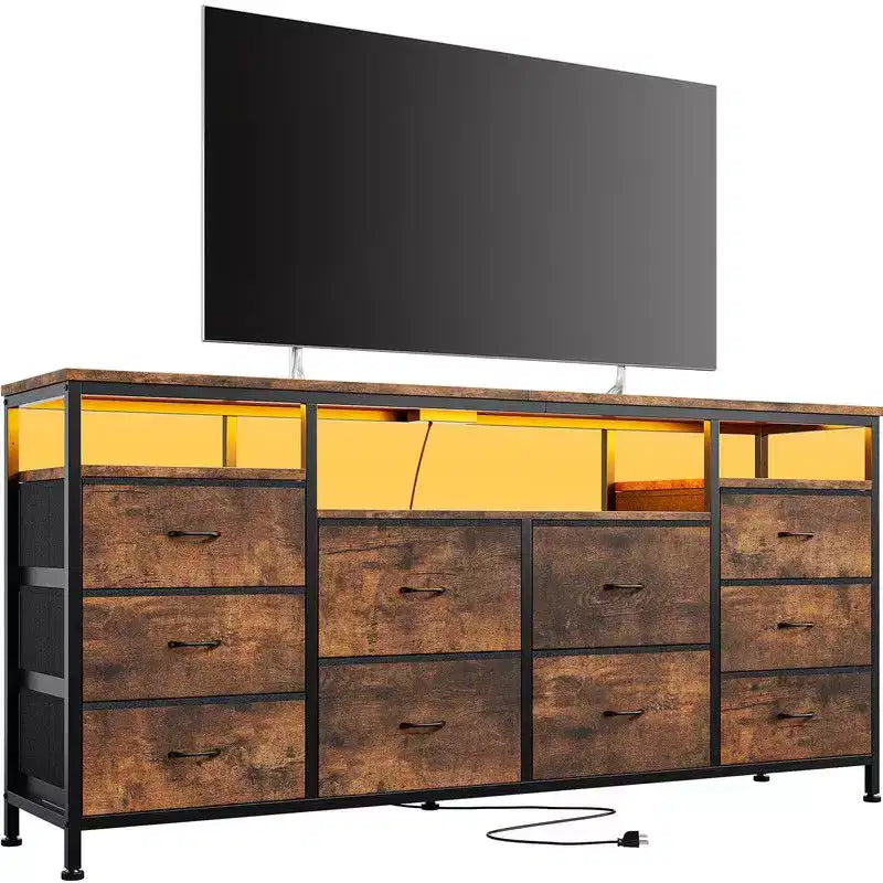 Cassettiera 10 cassetti da 160 cm, porta TV per TV da 65 70 75 pollici, cassettiera in tessuto con luce LED e presa di corrente, lungo mobile TV
