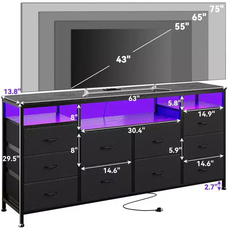 Cassettiera 10 cassetti da 160 cm, porta TV per TV da 65 70 75 pollici, cassettiera in tessuto con luce LED e presa di corrente, lungo mobile TV