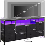 Cassettiera 10 cassetti da 160 cm, porta TV per TV da 65 70 75 pollici, cassettiera in tessuto con luce LED e presa di corrente, lungo mobile TV