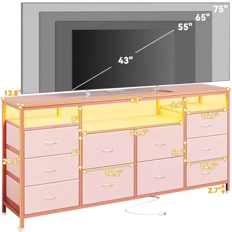Cassettiera 10 cassetti da 160 cm, porta TV per TV da 65 70 75 pollici, cassettiera in tessuto con luce LED e presa di corrente, lungo mobile TV