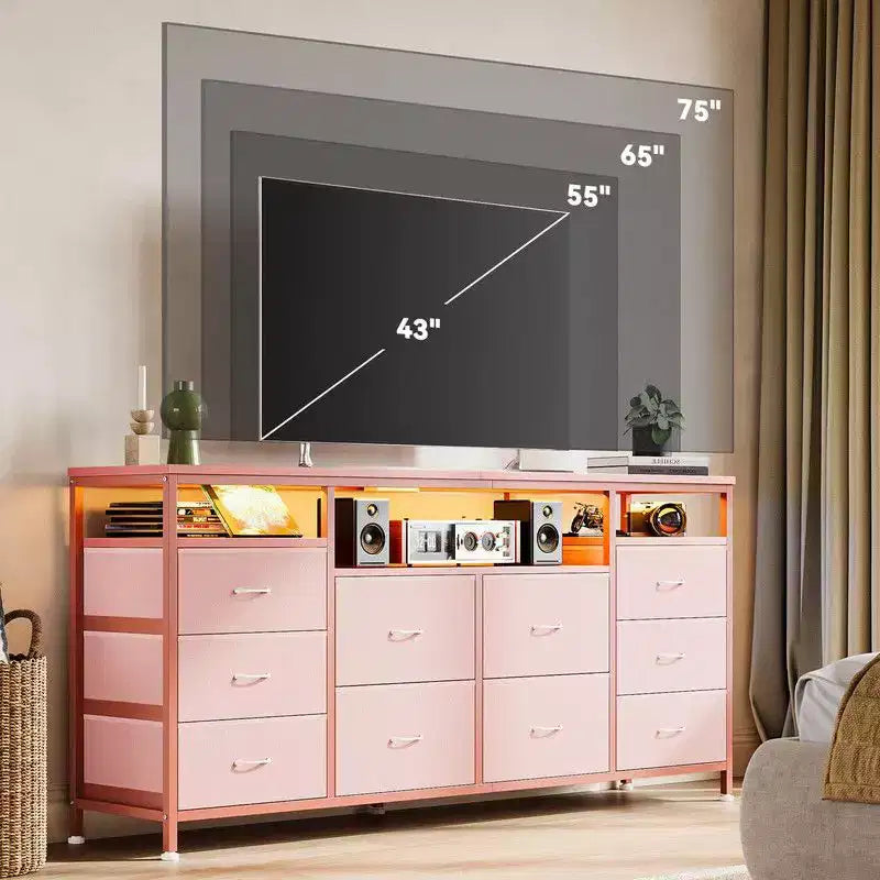 Cassettiera 10 cassetti da 160 cm, porta TV per TV da 65 70 75 pollici, cassettiera in tessuto con luce LED e presa di corrente, lungo mobile TV