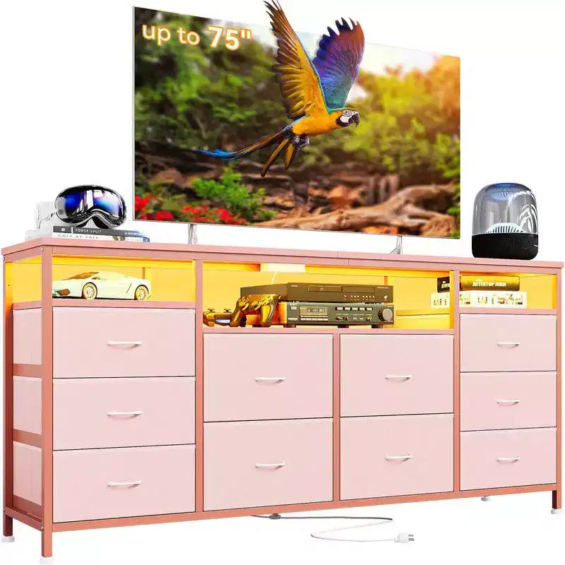 Cassettiera 10 cassetti da 160 cm, porta TV per TV da 65 70 75 pollici, cassettiera in tessuto con luce LED e presa di corrente, lungo mobile TV