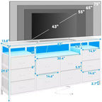 Cassettiera 10 cassetti da 160 cm, porta TV per TV da 65 70 75 pollici, cassettiera in tessuto con luce LED e presa di corrente, lungo mobile TV