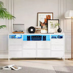 Cassettiera 10 cassetti da 160 cm, porta TV per TV da 65 70 75 pollici, cassettiera in tessuto con luce LED e presa di corrente, lungo mobile TV