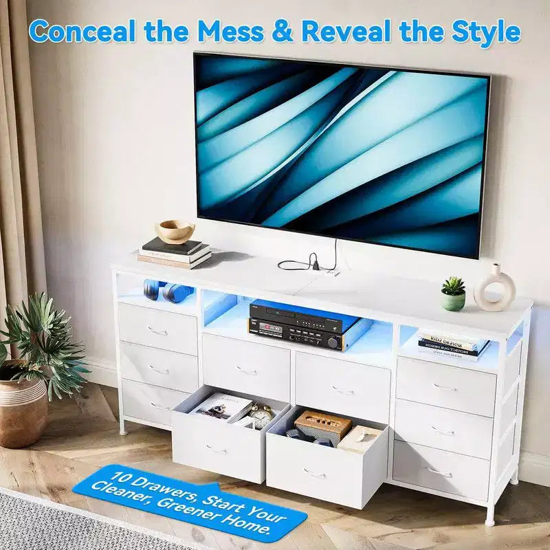 Cassettiera 10 cassetti da 160 cm, porta TV per TV da 65 70 75 pollici, cassettiera in tessuto con luce LED e presa di corrente, lungo mobile TV