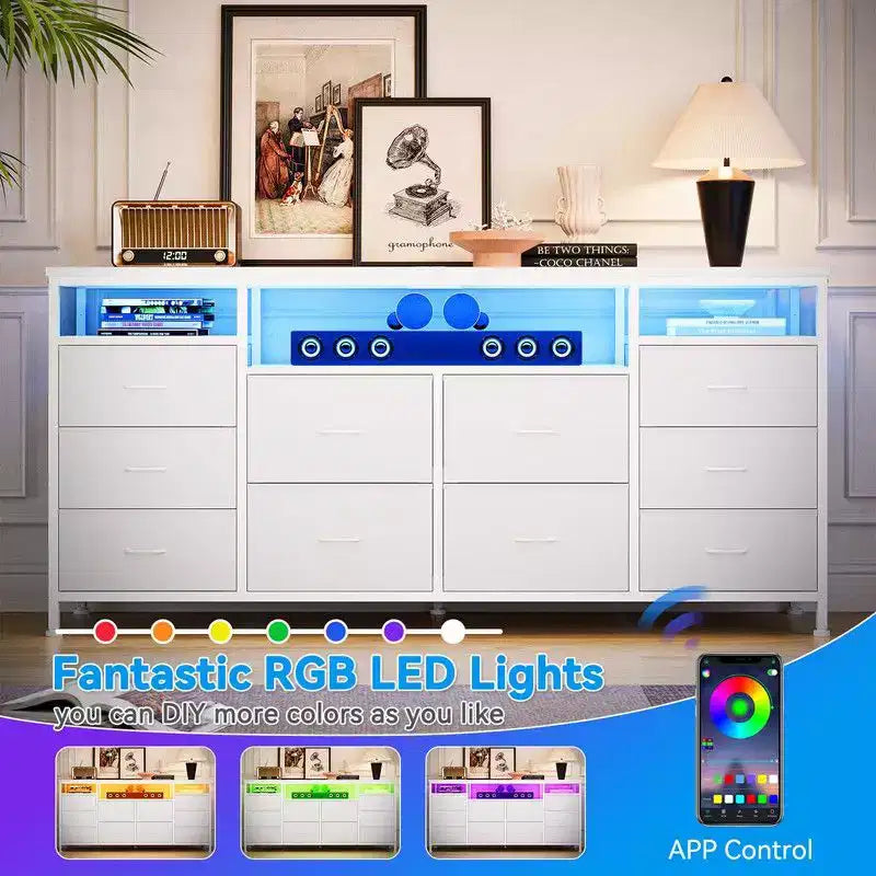 Cassettiera 10 cassetti da 160 cm, porta TV per TV da 65 70 75 pollici, cassettiera in tessuto con luce LED e presa di corrente, lungo mobile TV