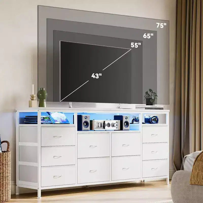 Cassettiera 10 cassetti da 160 cm, porta TV per TV da 65 70 75 pollici, cassettiera in tessuto con luce LED e presa di corrente, lungo mobile TV