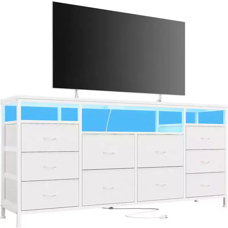 Cassettiera 10 cassetti da 160 cm, porta TV per TV da 65 70 75 pollici, cassettiera in tessuto con luce LED e presa di corrente, lungo mobile TV