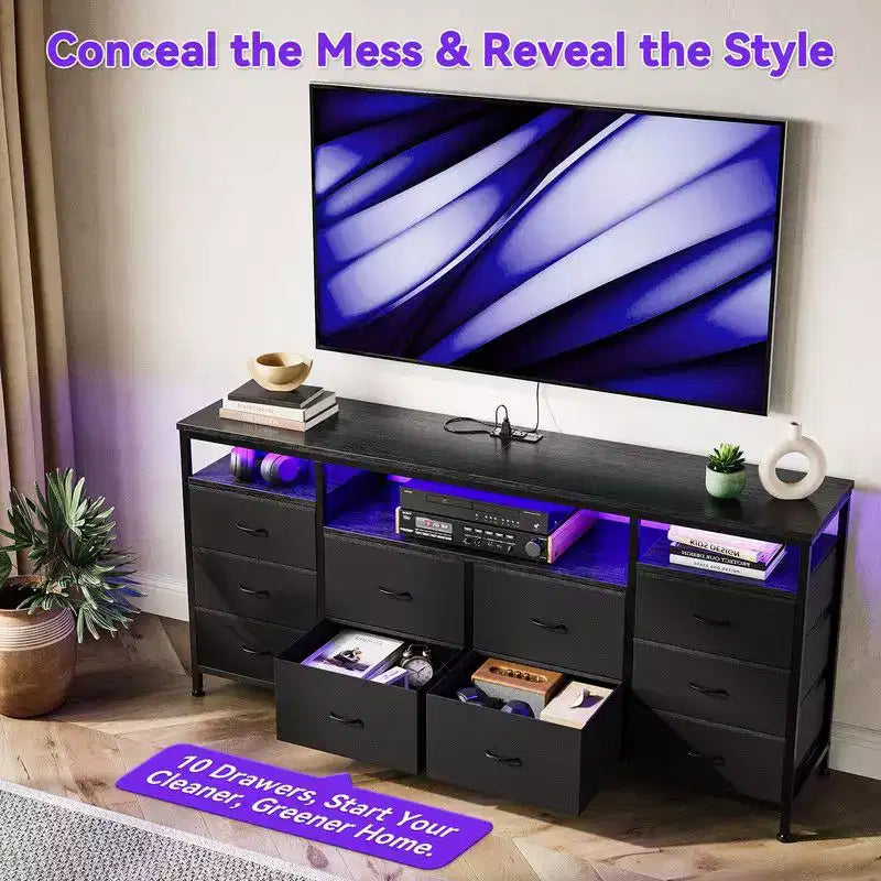 Cassettiera 10 cassetti da 160 cm, porta TV per TV da 65 70 75 pollici, cassettiera in tessuto con luce LED e presa di corrente, lungo mobile TV