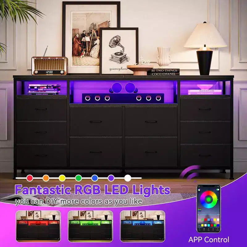 Cassettiera 10 cassetti da 160 cm, porta TV per TV da 65 70 75 pollici, cassettiera in tessuto con luce LED e presa di corrente, lungo mobile TV