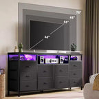 Cassettiera 10 cassetti da 160 cm, porta TV per TV da 65 70 75 pollici, cassettiera in tessuto con luce LED e presa di corrente, lungo mobile TV