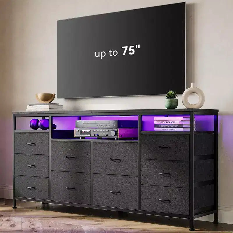 Coolmee 63.3 Inch 10 Drawer Dresser TV Stand for 65 70 75 Inch TV, Fabric Chest of Drawers with LED Light & Power Outlet, Long Entertainment Center