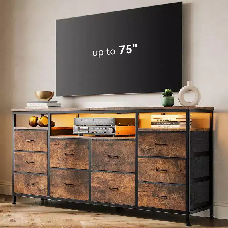 Cassettiera 10 cassetti da 160 cm, porta TV per TV da 65 70 75 pollici, cassettiera in tessuto con luce LED e presa di corrente, lungo mobile TV