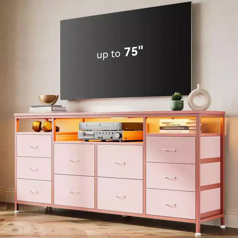 Cassettiera 10 cassetti da 160 cm, porta TV per TV da 65 70 75 pollici, cassettiera in tessuto con luce LED e presa di corrente, lungo mobile TV