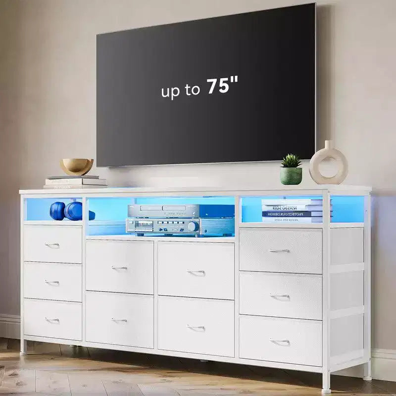 Cassettiera 10 cassetti da 160 cm, porta TV per TV da 65 70 75 pollici, cassettiera in tessuto con luce LED e presa di corrente, lungo mobile TV