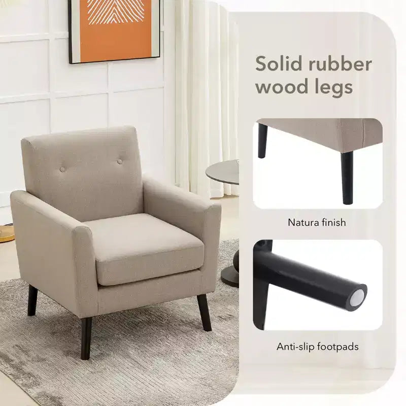 Poltrona imbottita per soggiorno, poltroncina moderna imbottita in tessuto con gambe in legno e cuscino di seduta più spesso per camera da letto e ufficio