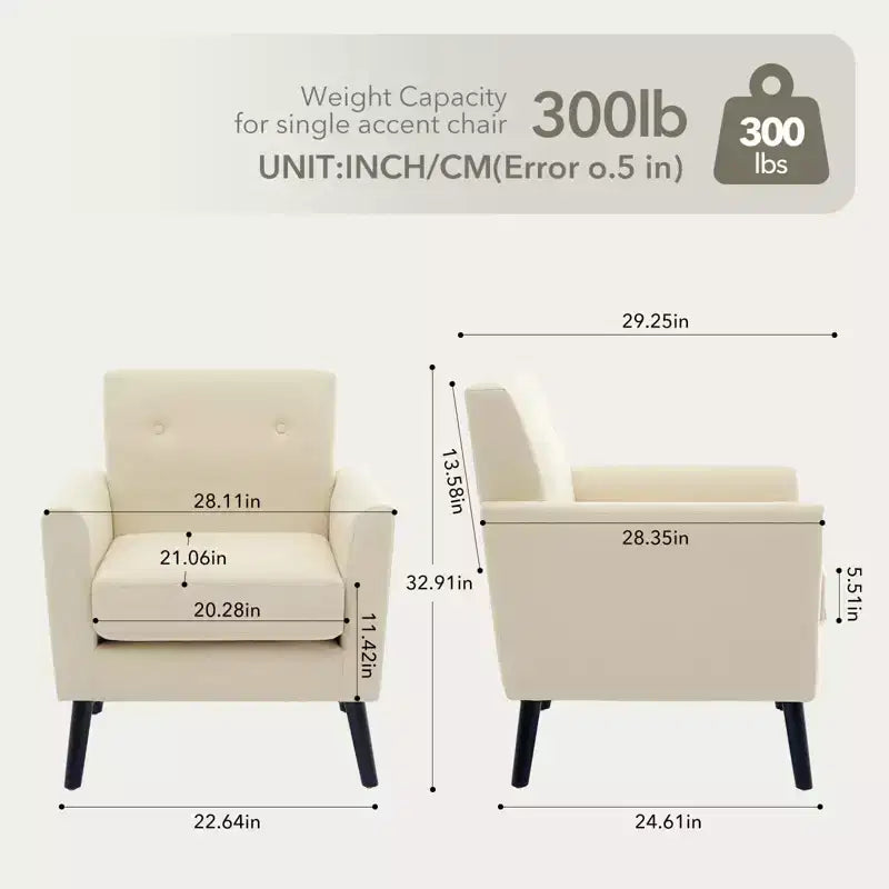 Poltrona imbottita per soggiorno, poltroncina moderna imbottita in tessuto con gambe in legno e cuscino di seduta più spesso per camera da letto e ufficio