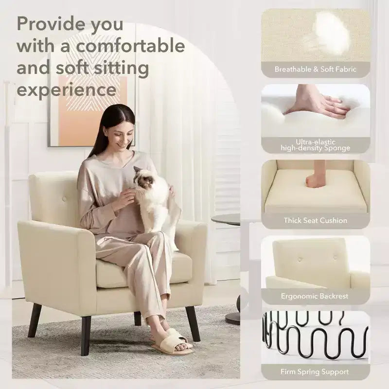 Poltrona imbottita per soggiorno, poltroncina moderna imbottita in tessuto con gambe in legno e cuscino di seduta più spesso per camera da letto e ufficio