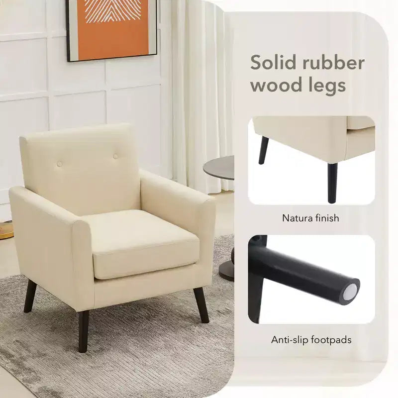 Poltrona imbottita per soggiorno, poltroncina moderna imbottita in tessuto con gambe in legno e cuscino di seduta più spesso per camera da letto e ufficio