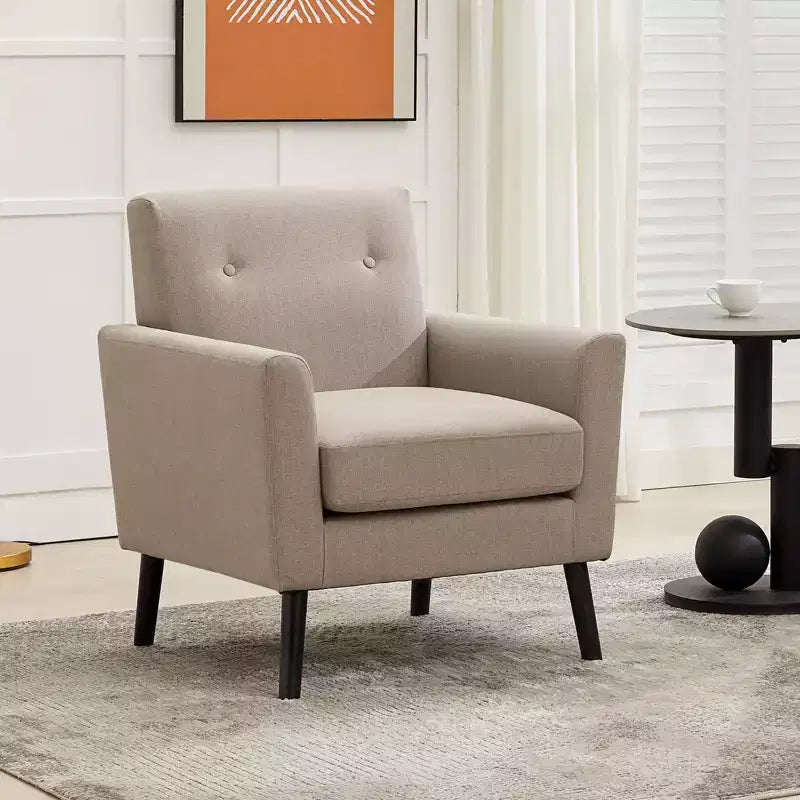 Poltrona imbottita per soggiorno, poltroncina moderna imbottita in tessuto con gambe in legno e cuscino di seduta più spesso per camera da letto e ufficio