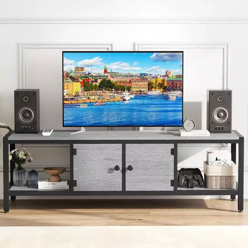 Mobile Porta TV Modern Farmhouse per Soggiorno con Ripiani Contenitori, Consolle Centro di Intrattenimento per Camera da Letto