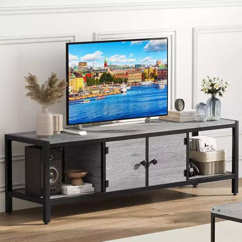 Mobile Porta TV Modern Farmhouse per Soggiorno con Ripiani Contenitori, Consolle Centro di Intrattenimento per Camera da Letto