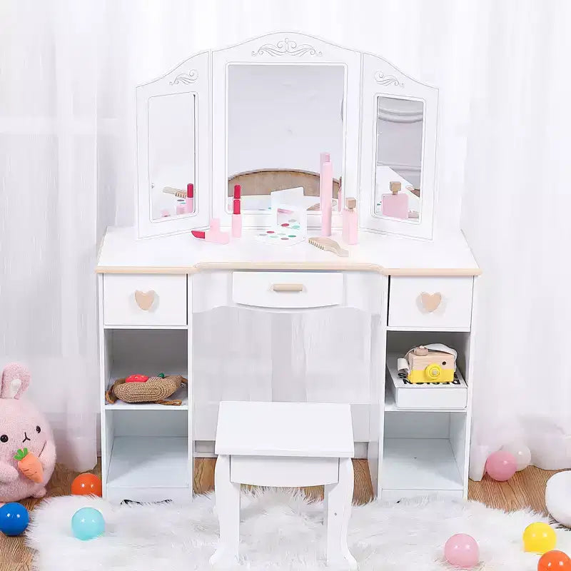 Set Toeletta e Sgabello per Bambini con Specchio a Tre Ante, Toeletta Bianca per Ragazze dai 3 ai 9 Anni, con Cassetti e Ripiani Aperti per una Facile Organizzazione